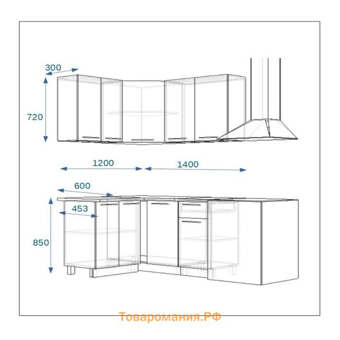 Кухонный гарнитур, грецкий орех 14, 1200 × 1400 мм, левый