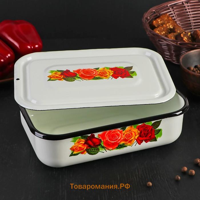 Контейнер, 1.5 л, с крышкой, эмалированная сталь, деколь МИКС, белый