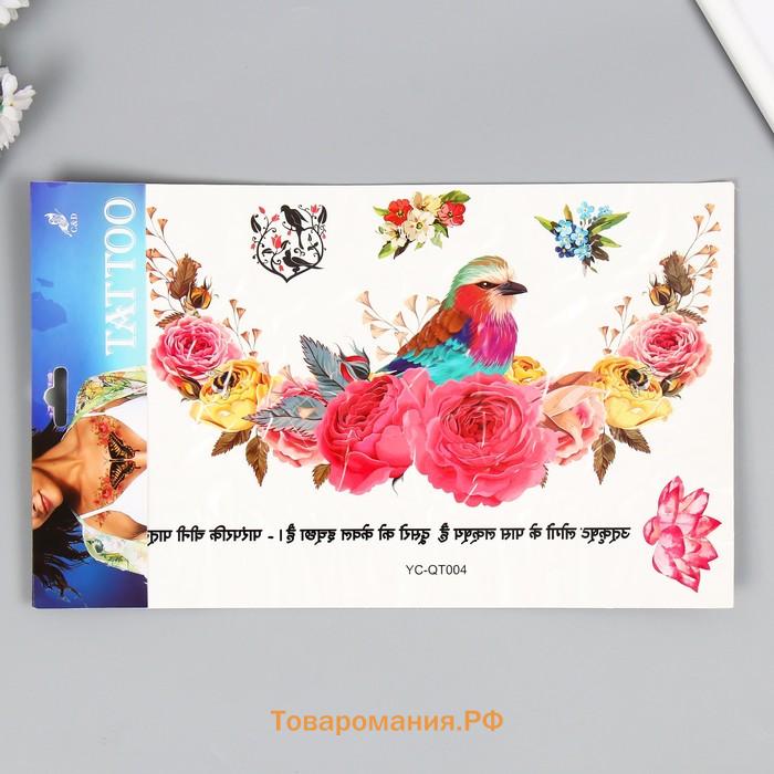 Переводная тату на тело цветная «Птица в розах», 36.5×22 см