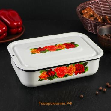 Контейнер, 1.5 л, с крышкой, эмалированная сталь, деколь МИКС, белый