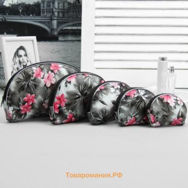 Набор женских косметичек 5 в 1 на молниях, с принтом «Тропики», чёрный/серый