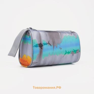 Косметичка простая на молнии, объёмная, с ручкой, с рисунком «Акулы», серая/бирюзовая