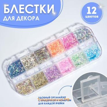 Блёстки для декора, 12 ячеек, мелкие, разноцветные